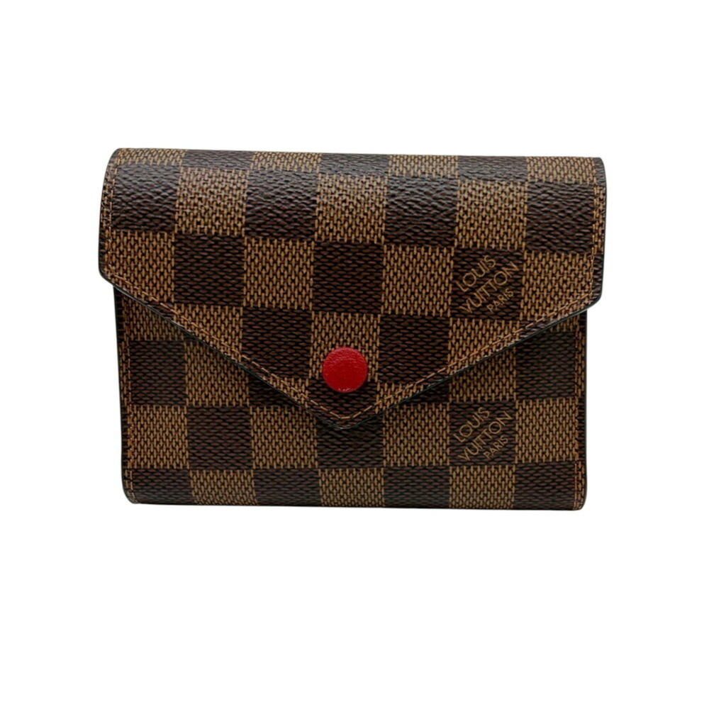 LOUIS VUITTON Damier Portefeuille Victorine N41659 Brown Red Compact Tri-fold...